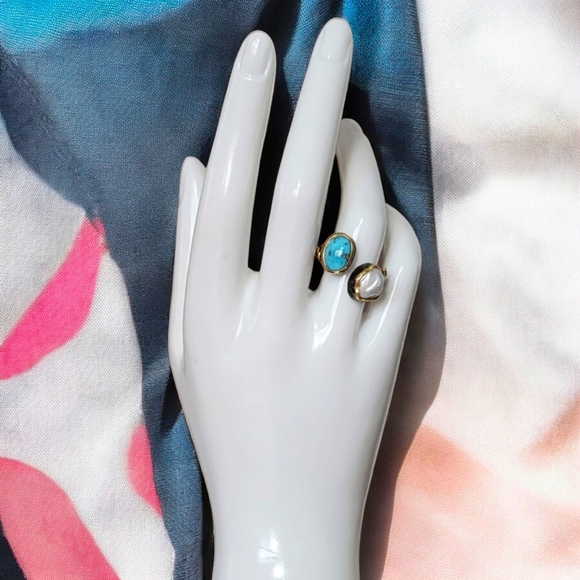 🆕️Genuine Pearl & Turquoise Ring | 925 Silver 24K Gold & Rhodium Plated 🌟 - Picture 4 of 16